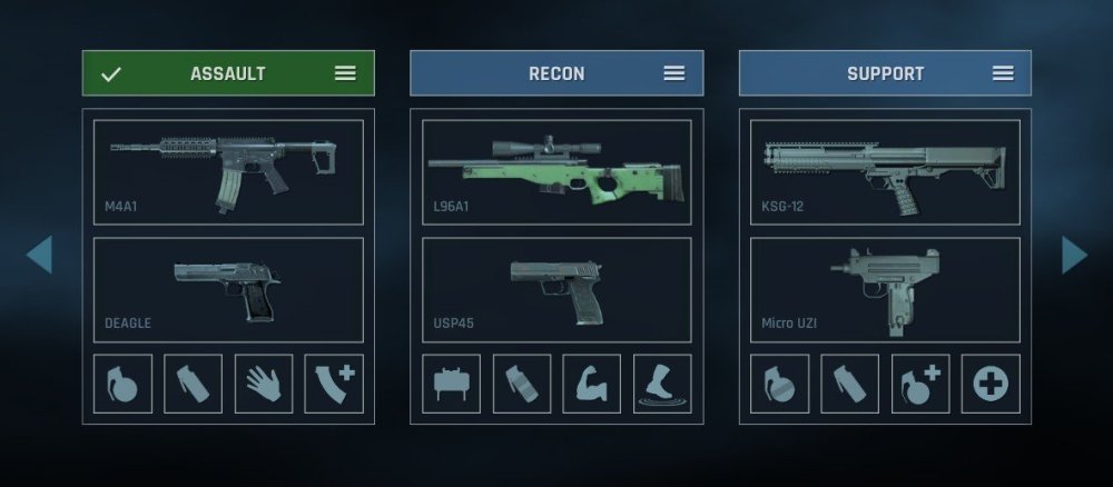 SkillWarz のクラス選択画面。ASSAULT(M4A1+DEAGLE)、RECON(L96A1+USP45)、SUPPORT(KSG-12+Micro UZI)の3枚のカードと、グレネード・フラッシュ・近接・回復のアイコンが並ぶ。