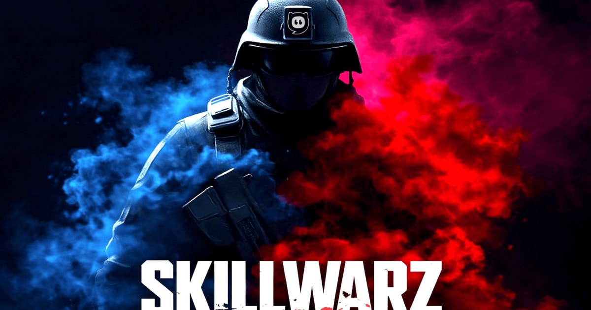 SkillWarz の公式キーアート。青と赤の煙を背に、ヘルメットとゴーグルを着けた兵士の横顔と SKILLWARZ のロゴ。